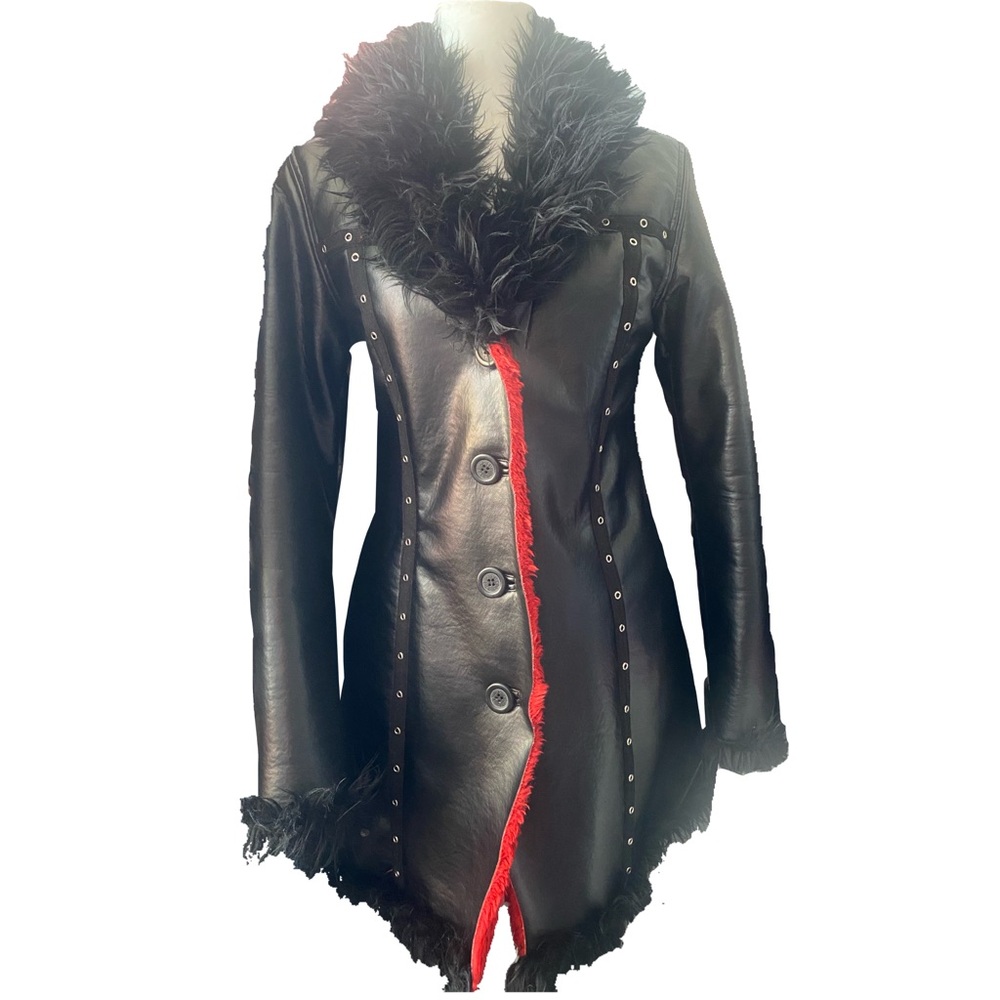 Tripp NYC Black Leather Coat with fur
